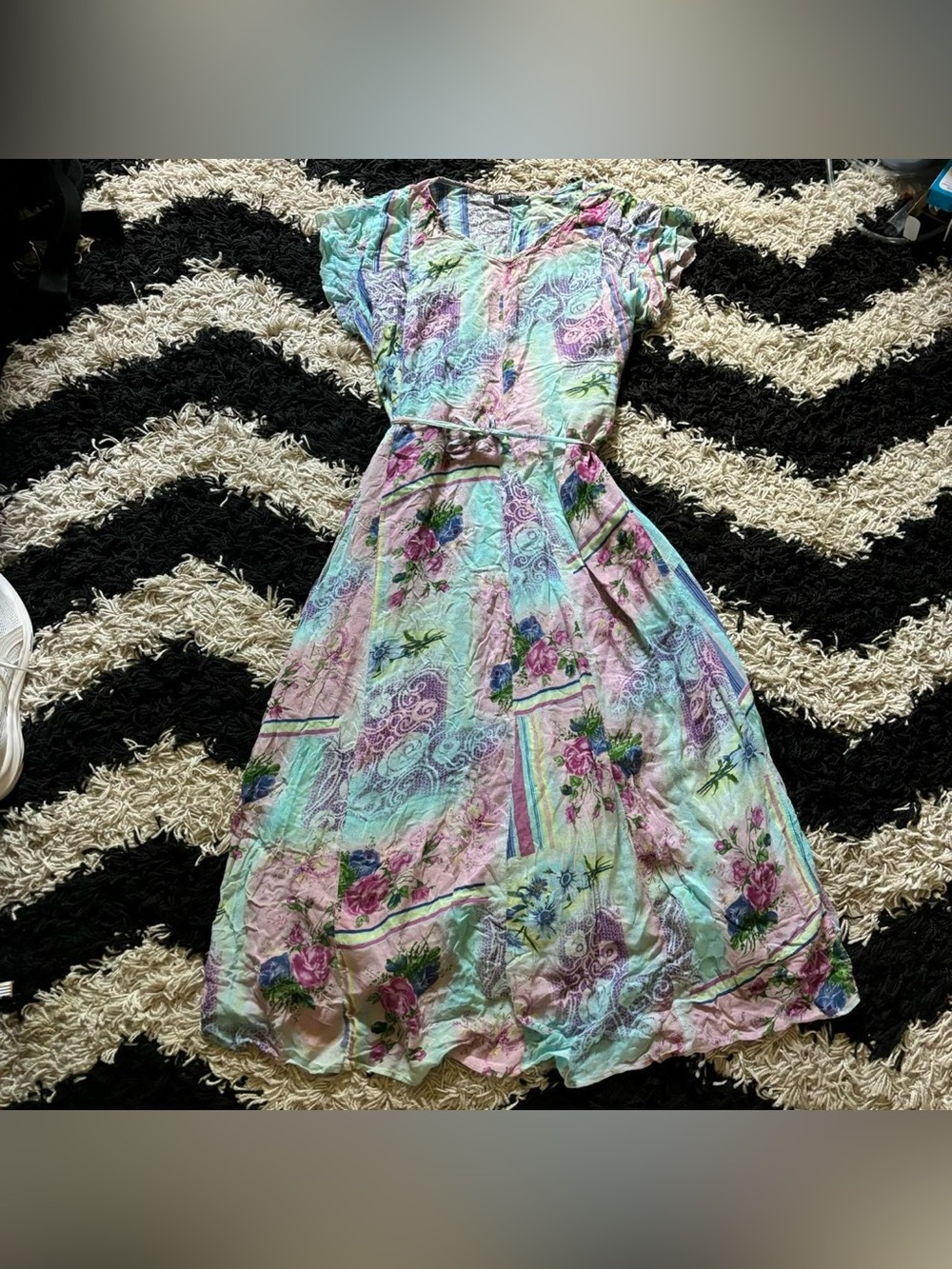 Jessica Fairycore Adjustable Waist Tie Floral Patchwork Maxi Dress Free Size